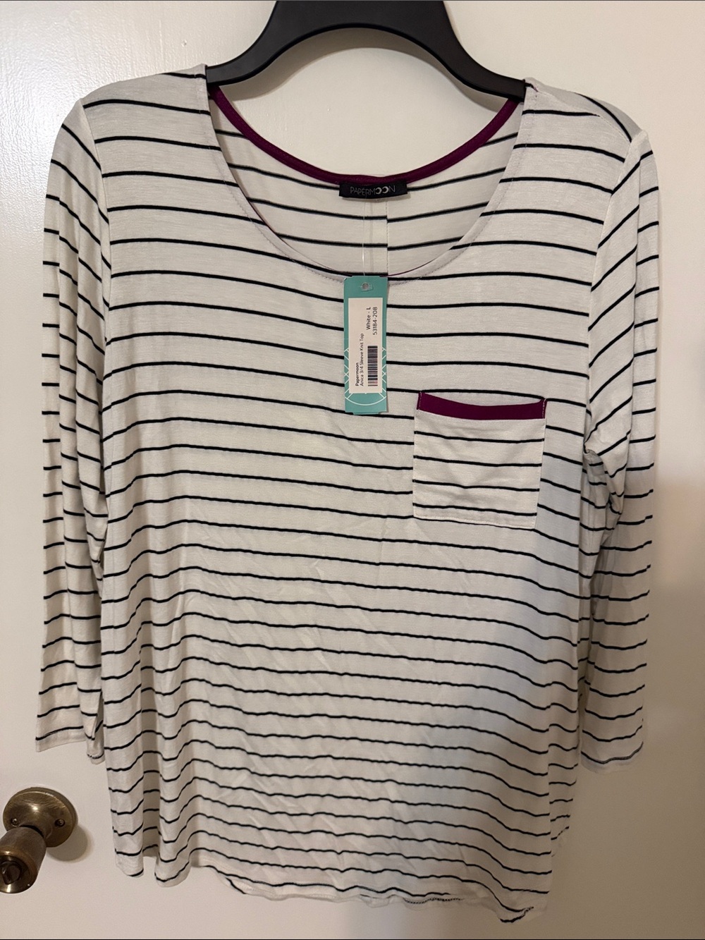 Papermoon White & Black Striped 3/4 Sleeve Tee with Purple Trimmed Pocket